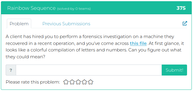 A client has hired you to perform a forensics investigation on a machine they recovered in a recent operation, and you've come across this file. At first glance, it looks like a colorful compilation of letters and numbers. Can you figure out what they could mean?