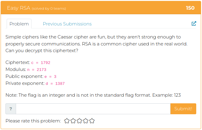 Simple ciphers like the Caesar cipher are fun, but they aren't strong enough to properly secure communications. RSA is a common cipher used in the real world. Can you decrypt this ciphertext?