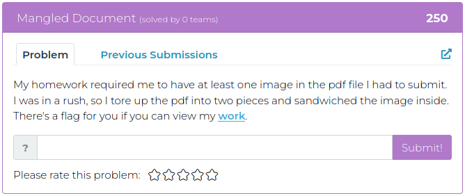 My homework required me to have at least one image in the pdf file I had to submit. I was in a rush, so I tore up the pdf into two pieces and sandwiched the image inside. There's a flag for you if you can view my work.