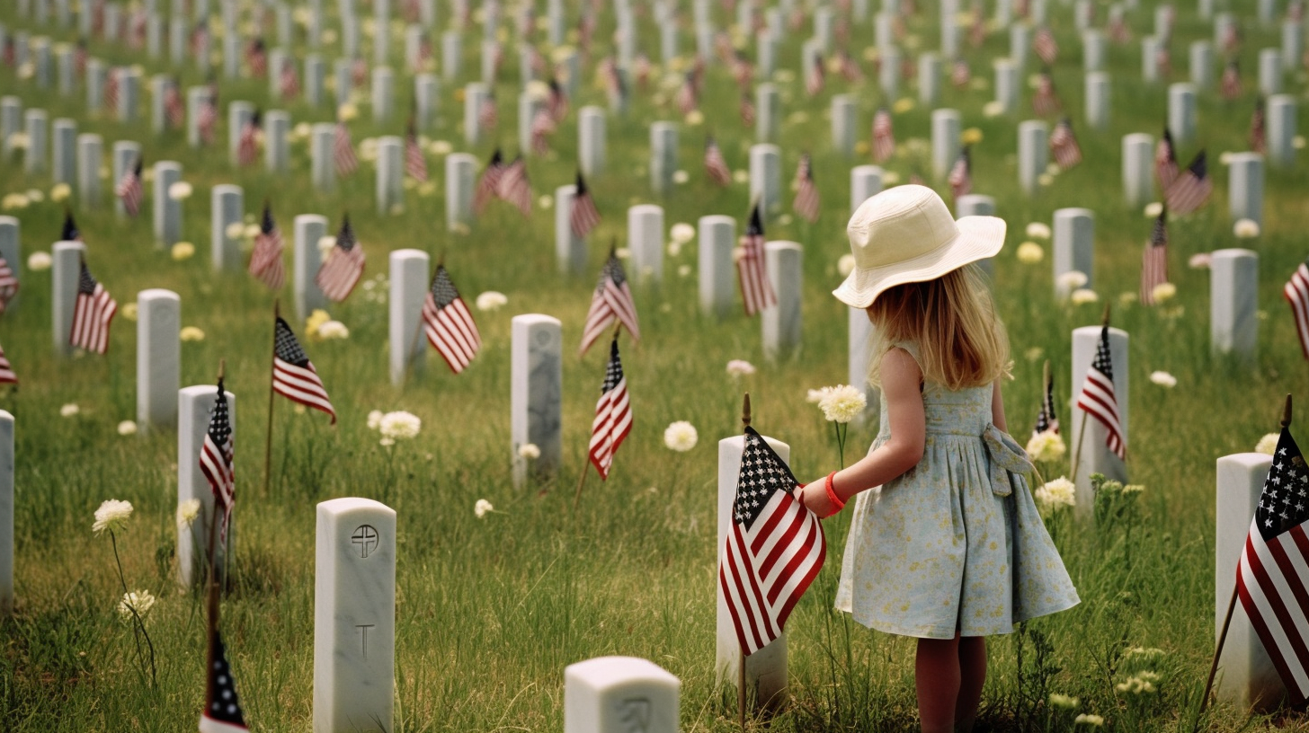 A young girl standing in a military cemetery. There are American flags placed next to each grave marker. The grave markers are made from white marble, and the field is grassy with many white-colored wildflowers.