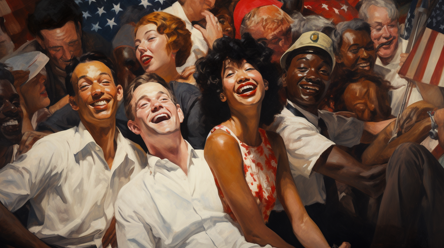 A Norman Rockwell style image showing people laughing and smiling and enjoying the Fourth of July.