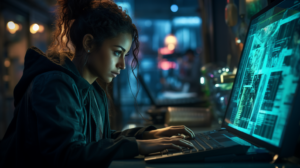 A young woman works at her computer to unravel a digital mystery...