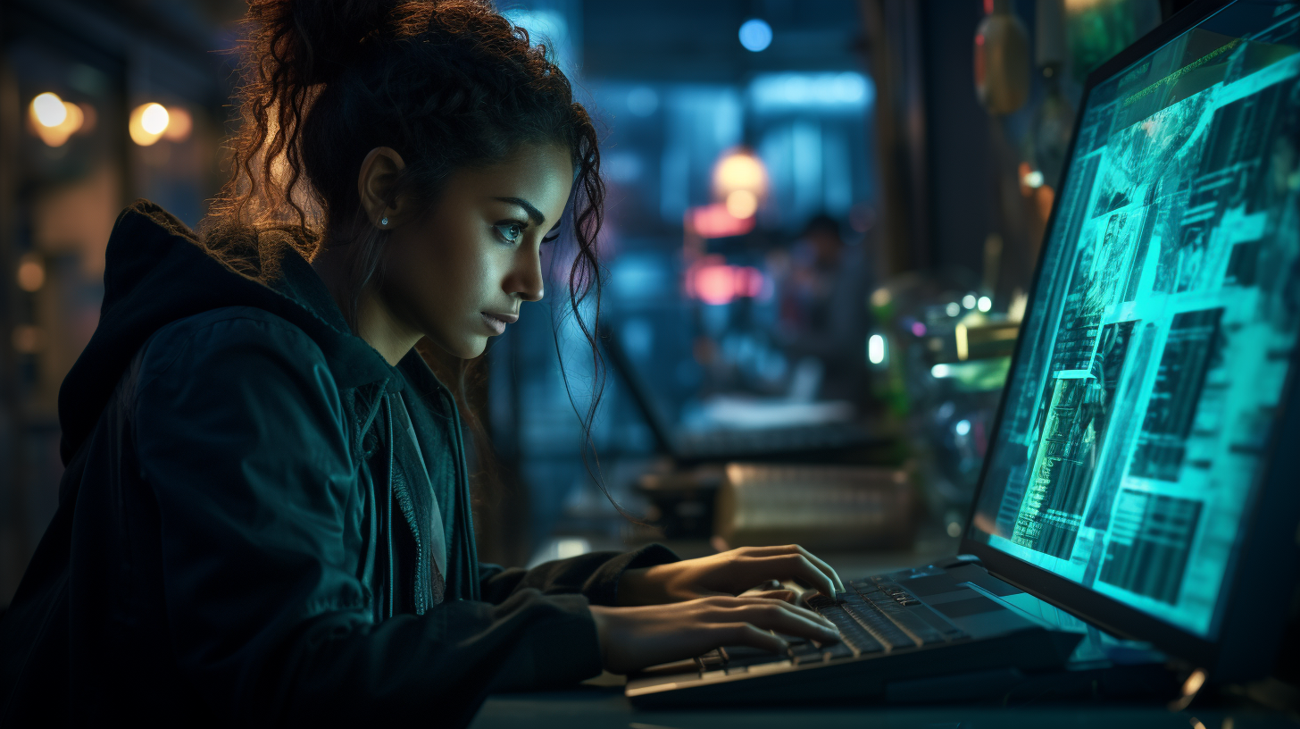 A young woman works at her computer to unravel a digital mystery...