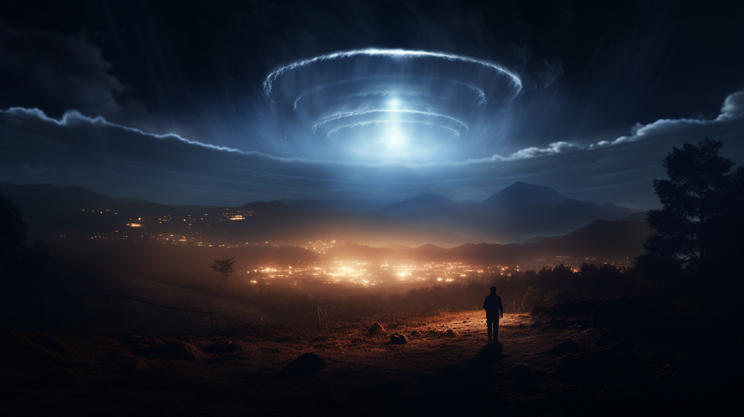 In the dark of night, a flying saucer hovers over a town in the distance while a shadowy figure looks on.