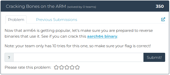 Now that arm64 is getting popular, let's make sure you are prepared to reverse binaries that use it. See if you can crack this aarch64 binary.
