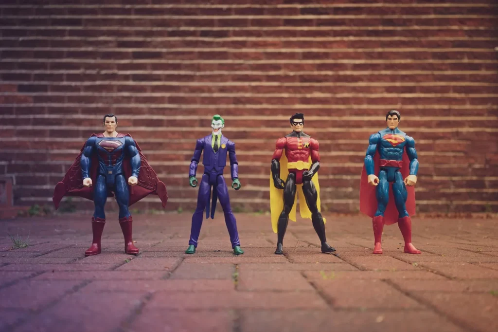 A group of superhero toys.