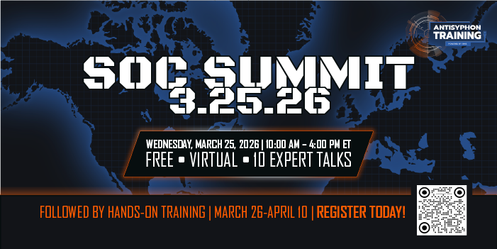 SOC Summit March 25, 2026 10 am - 4 pm ET Free Virtual 10 Expert Talks. Followed by hands on training March 26 - April 10 Register Today!